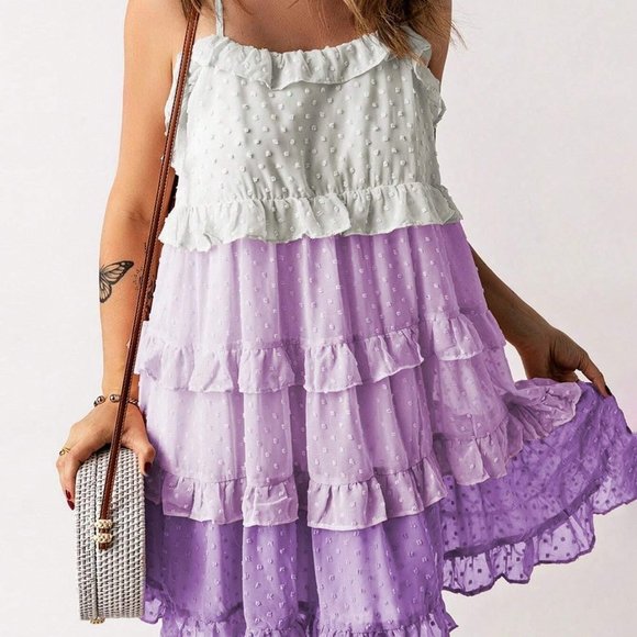 Multicolor Boho Womens Swiss Dot Ruffle Trim Layered Hem Cami Dress - Picture 3 of 5